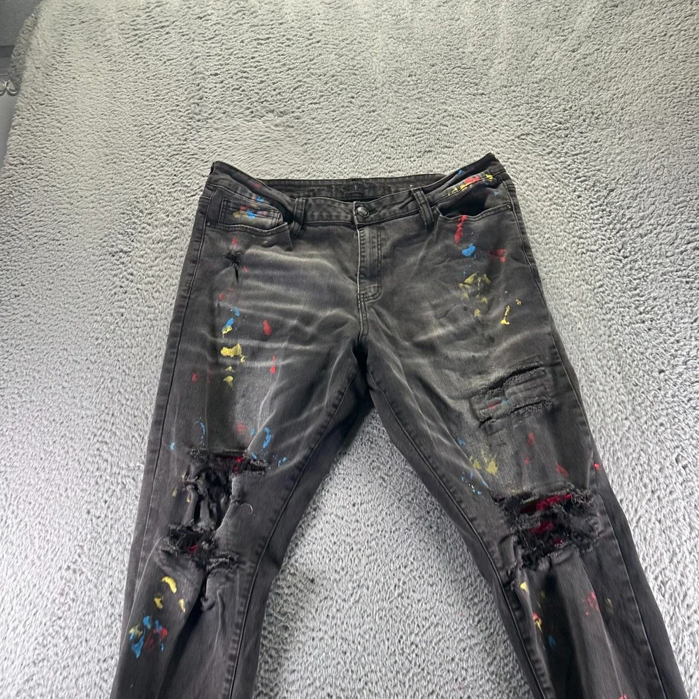 Rue 21 Supreme Flex Premium Jeans Mens 38x32 Black Denim Tapered Paint‎ Splatter